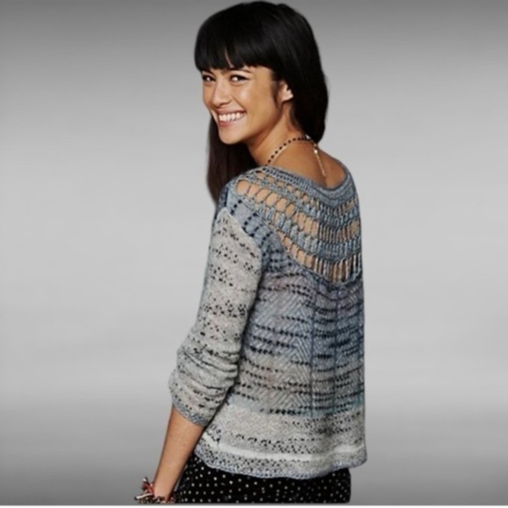 Free People Blue Moon Mohair blend Crochet Back bell Sleeves Pullover sweater L
